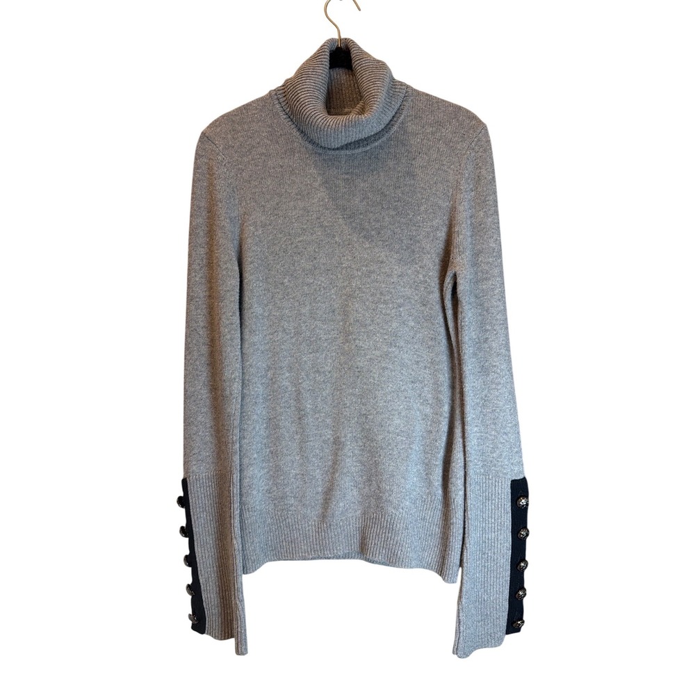 Ramy Brook Heather Gray Turtleneck Sweater Silver Crest Button Cuffs Small